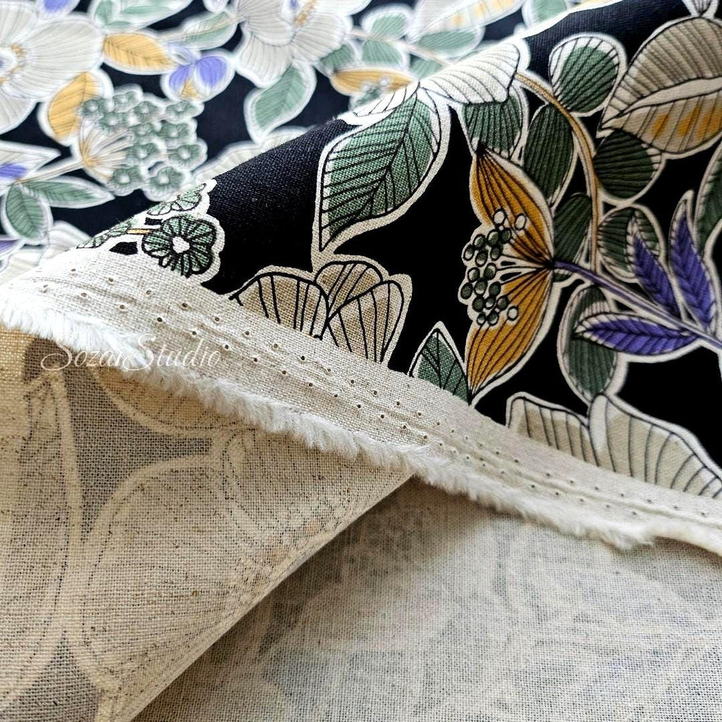 Japanese fabric - Botanical flower, Black - Linen Blend Canvas, by the yard