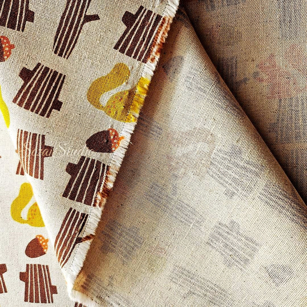 Japanese fabric - Adorable Squirrel and Acorn - Orange - Linen Blend Canvas, by the yard