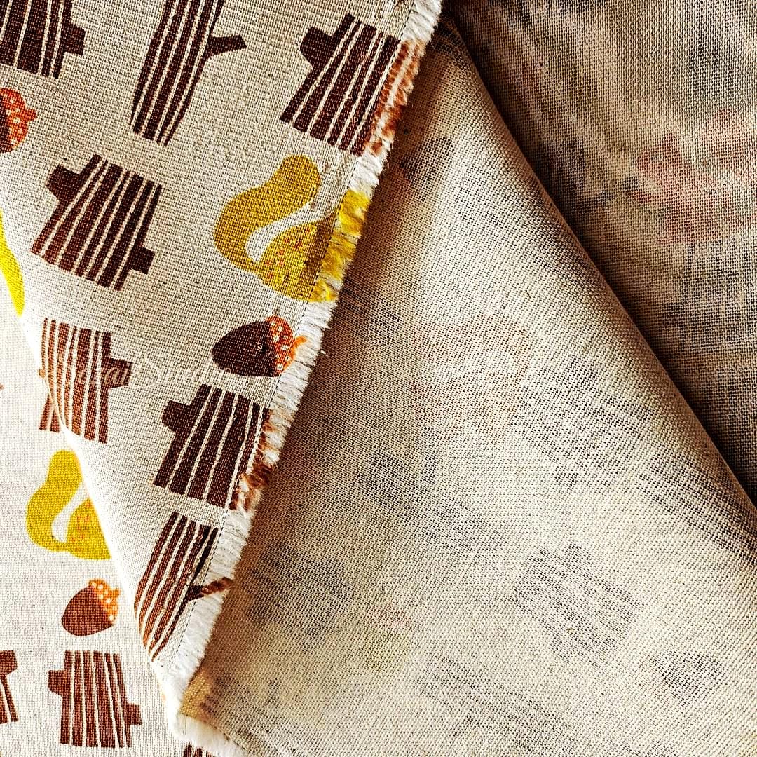 Japanese fabric - Adorable Squirrel and Acorn - Orange - Linen Blend Canvas, by the yard