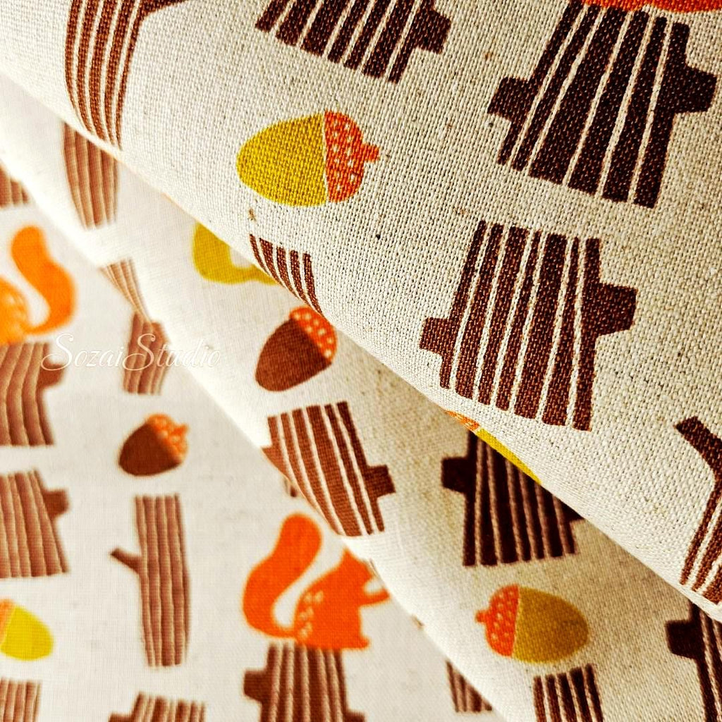 Japanese fabric - Adorable Squirrel and Acorn - Orange - Linen Blend Canvas, by the yard