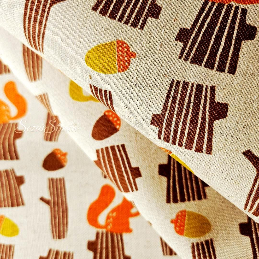 Japanese fabric - Adorable Squirrel and Acorn - Orange - Linen Blend Canvas, by the yard