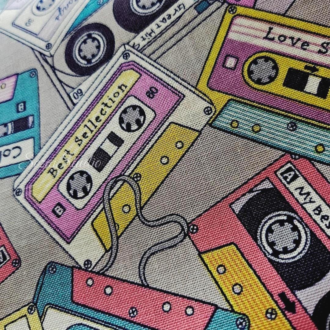 Japanese fabric - Cassette Tape Pattern, Grey - 100% Cotton Sheeting Print- by the yard