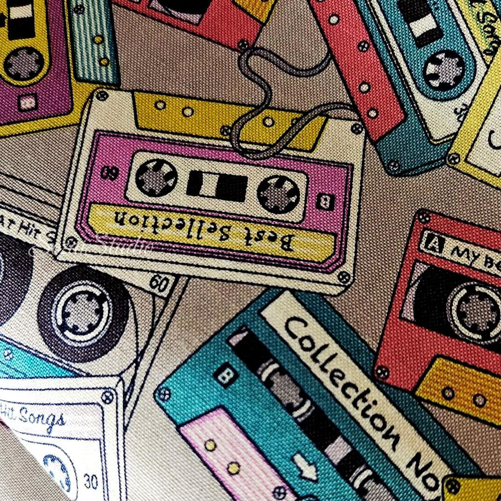 Japanese fabric - Cassette Tape Pattern, Grey - 100% Cotton Sheeting Print- by the yard