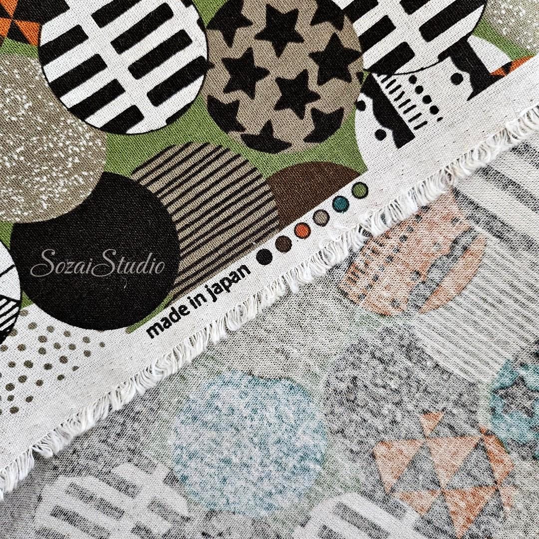 Japanese Cotton Linen Canvas Fabric: Vibrant Circles Print, Green - by the yard