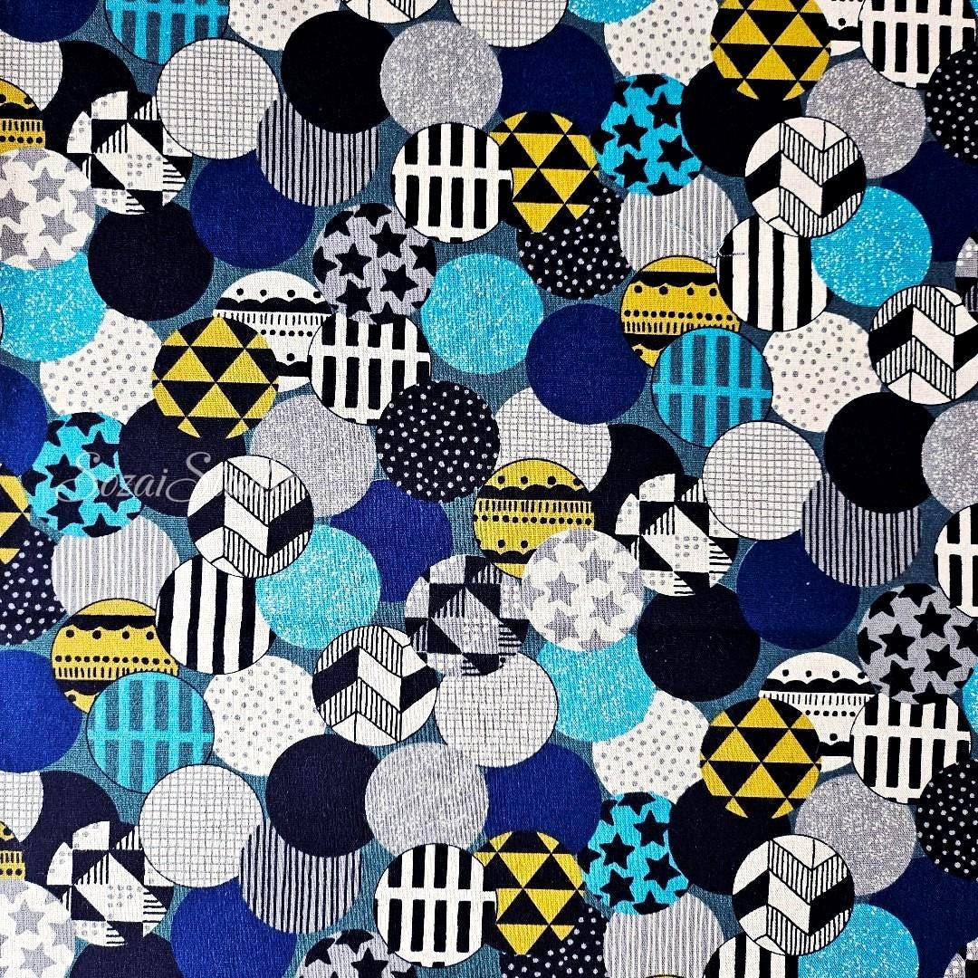 Japanese Cotton Linen Canvas Fabric: Vibrant Circles, Blue, by the yard
