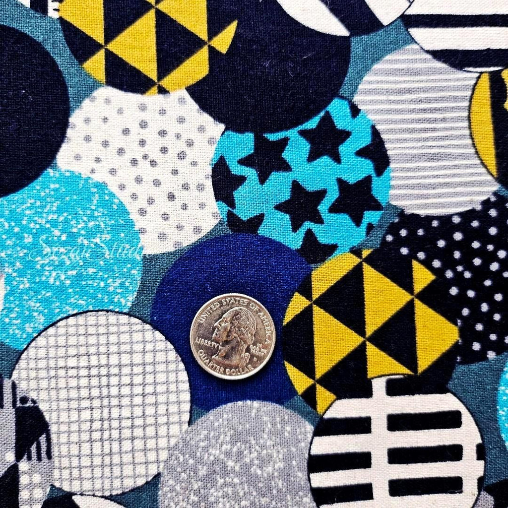 Japanese Cotton Linen Canvas Fabric: Vibrant Circles, Blue, by the yard