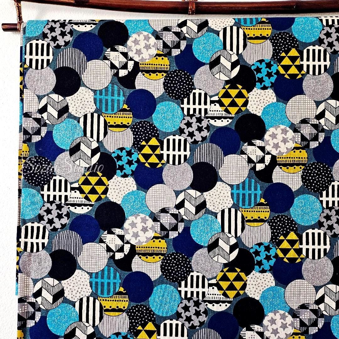 Japanese Cotton Linen Canvas Fabric: Vibrant Circles, Blue, by the yard