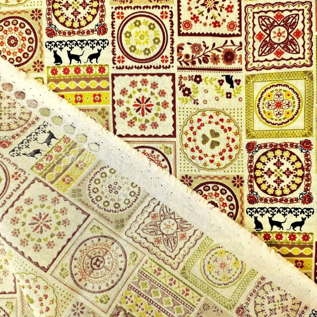 1 yard Japanese fabric - European-inspired Tile Pattern, Orange - 100% Cotton Square (Print)