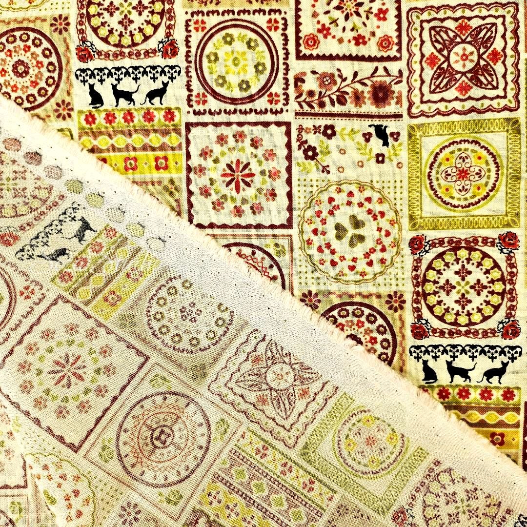 1 yard Japanese fabric - European-inspired Tile Pattern, Orange - 100% Cotton Square (Print)