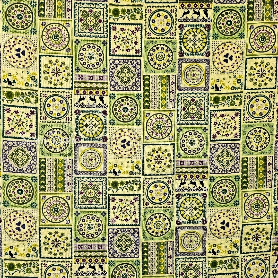 1 yard Japanese fabric - European-inspired Tile Pattern, Green - 100% Cotton Square (Print)