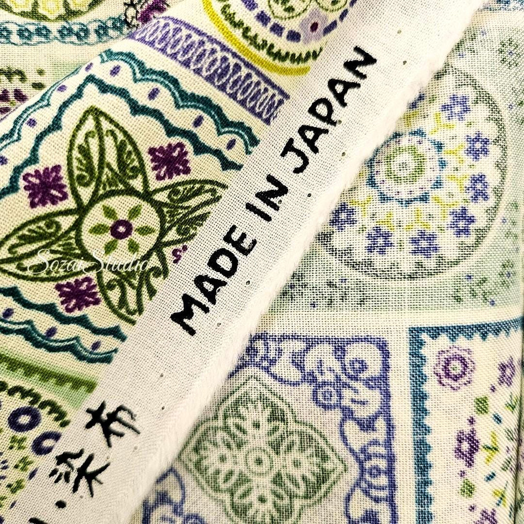 1 yard Japanese fabric - European-inspired Tile Pattern, Green - 100% Cotton Square (Print)