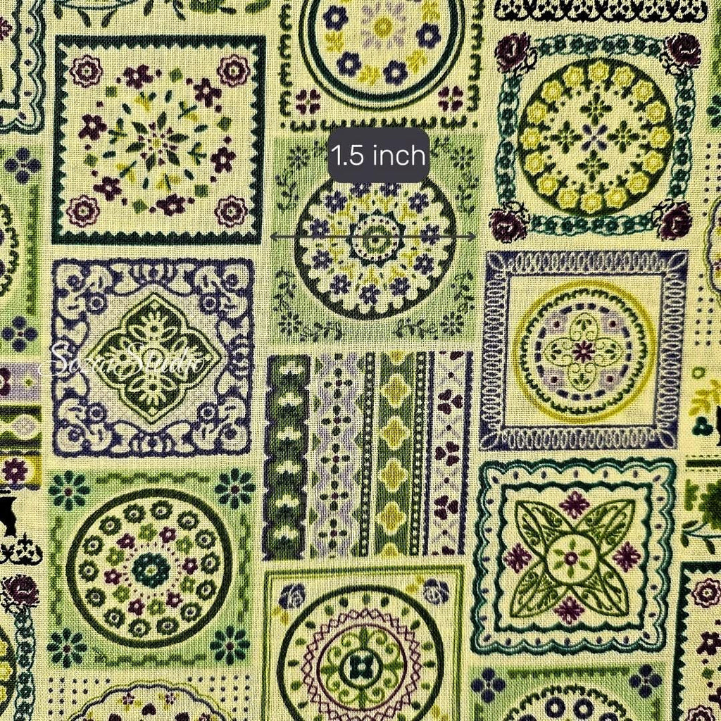 1 yard Japanese fabric - European-inspired Tile Pattern, Green - 100% Cotton Square (Print)