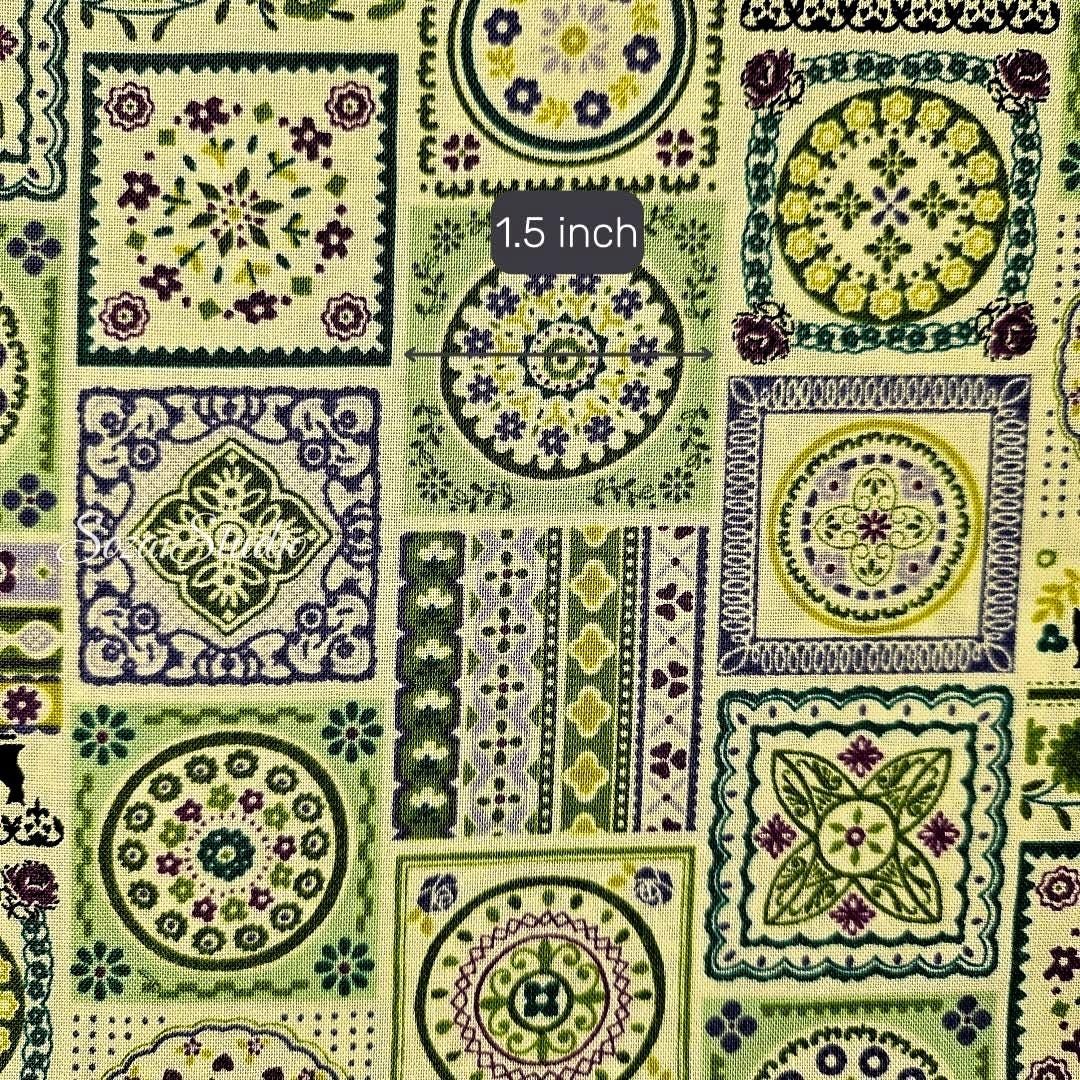 1 yard Japanese fabric - European-inspired Tile Pattern, Green - 100% Cotton Square (Print)
