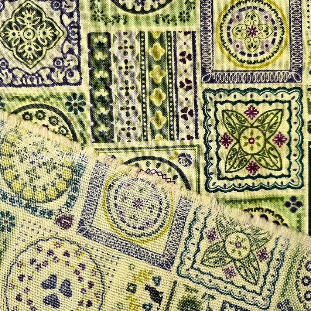 1 yard Japanese fabric - European-inspired Tile Pattern, Green - 100% Cotton Square (Print)
