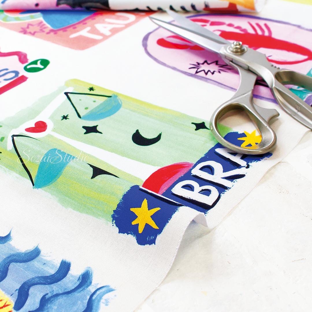 Japanese Zodiac Fabric: Cream Cotton Digital Print - by yard