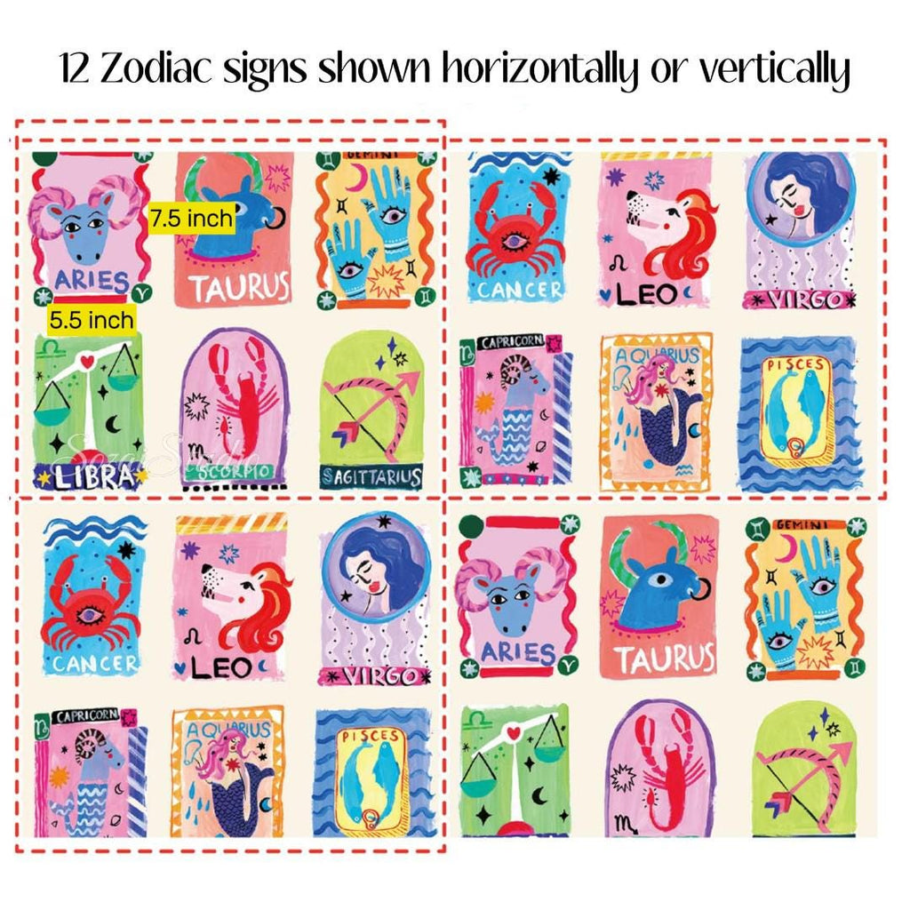 Japanese Zodiac Fabric: Cream Cotton Digital Print - by yard