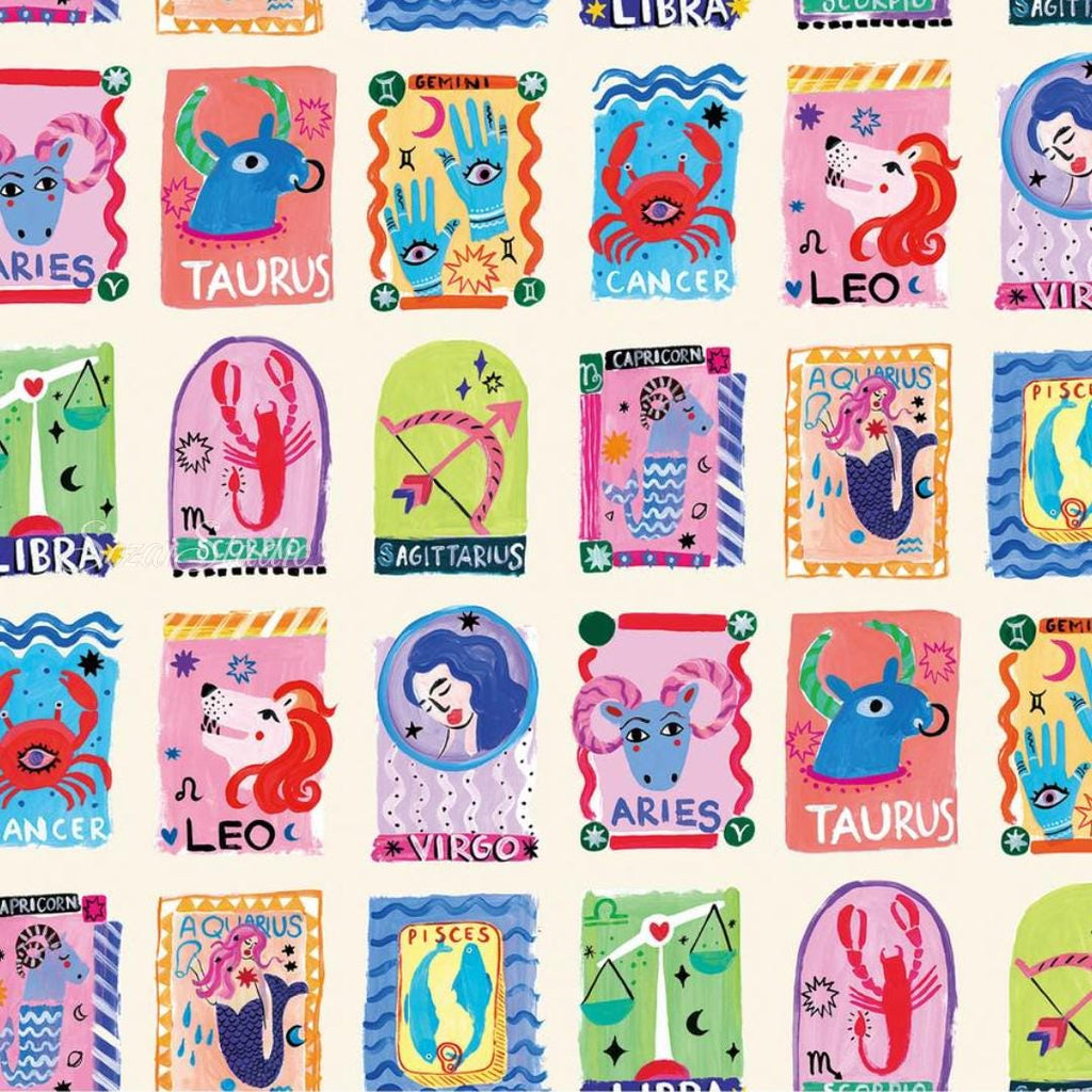 Japanese Zodiac Fabric: Cream Cotton Digital Print - by yard