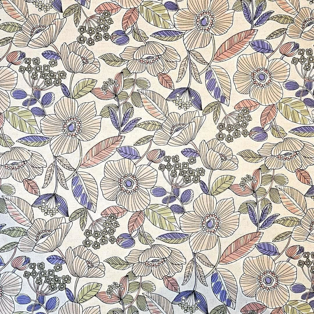 1 Yard Japanese fabric - Botanical flower, Beige, Pink leaf - Linen Blend Canvas