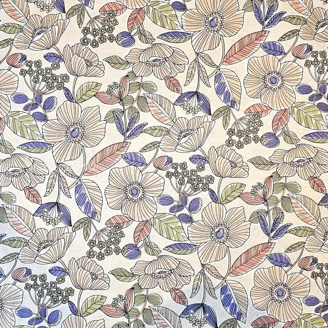 1 Yard Japanese fabric - Botanical flower, Beige, Pink leaf - Linen Blend Canvas