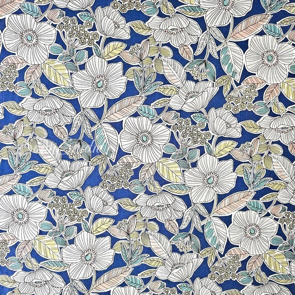 1 Yard Japanese fabric - Botanical flower, Blue - Linen Blend Canvas