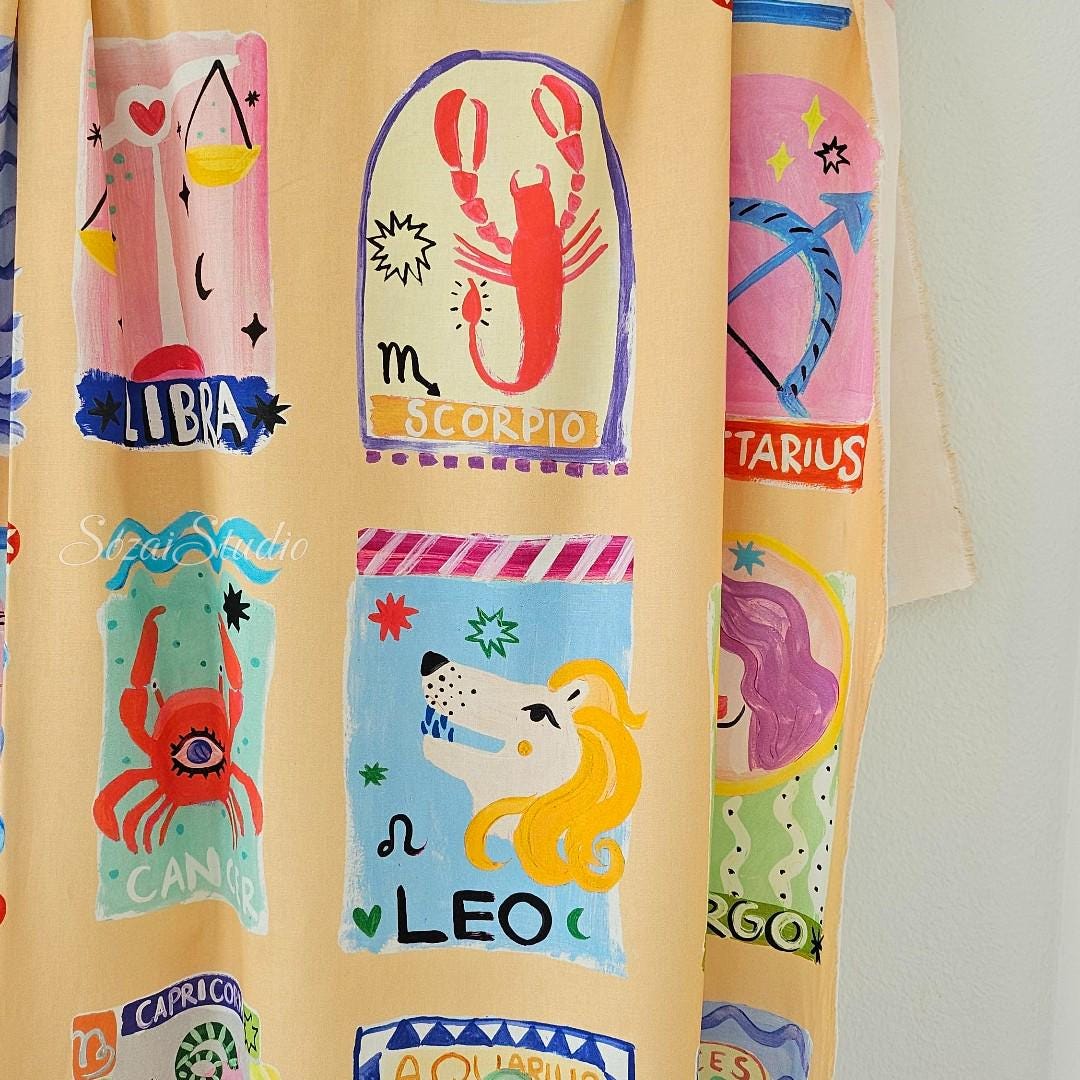 Japanese Zodiac Cotton Digital Print Fabric: Orange, by the yard