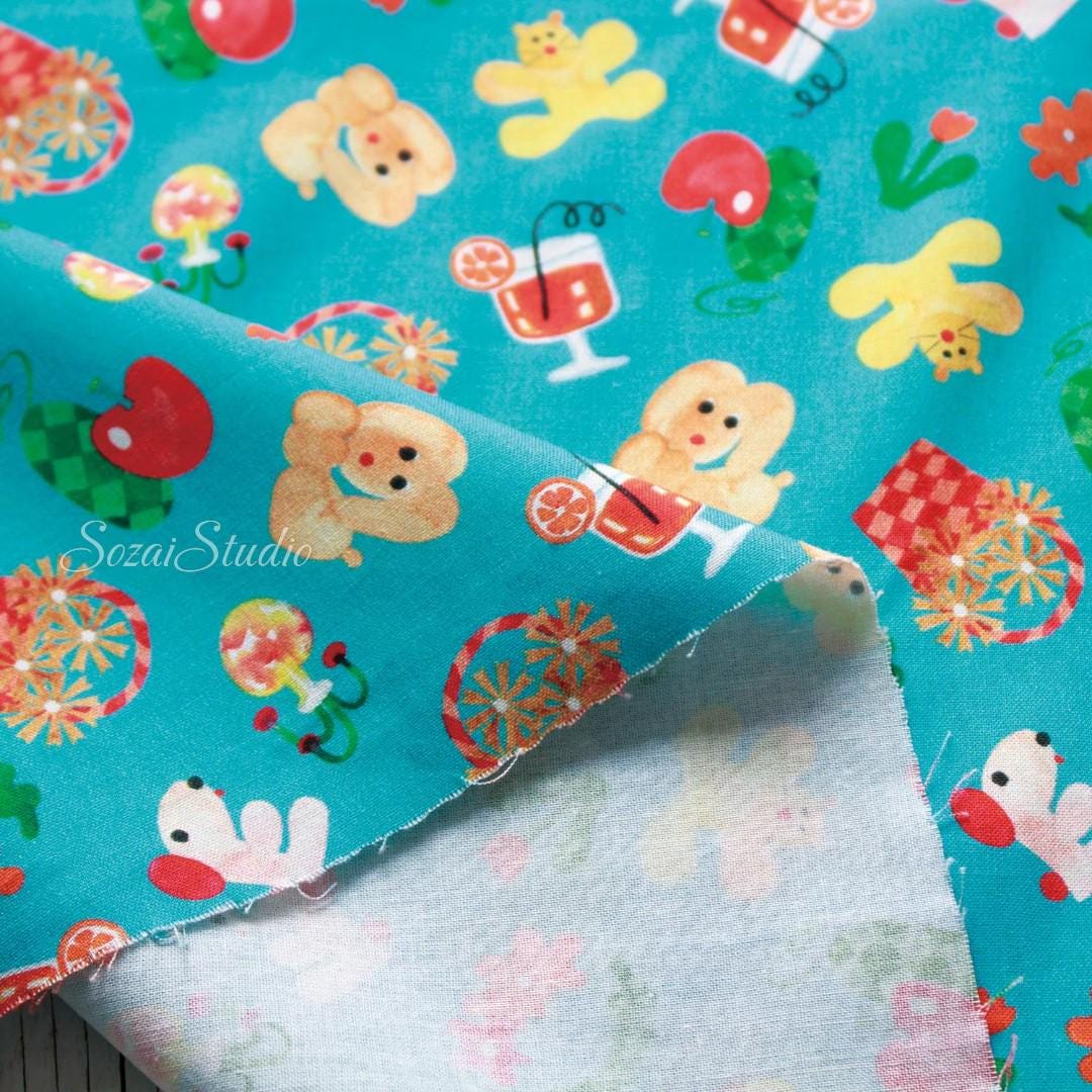 1 Yard Japanese fabric - Retro style Picnic dog, Blue - 100% Cotton Printed Sheeting