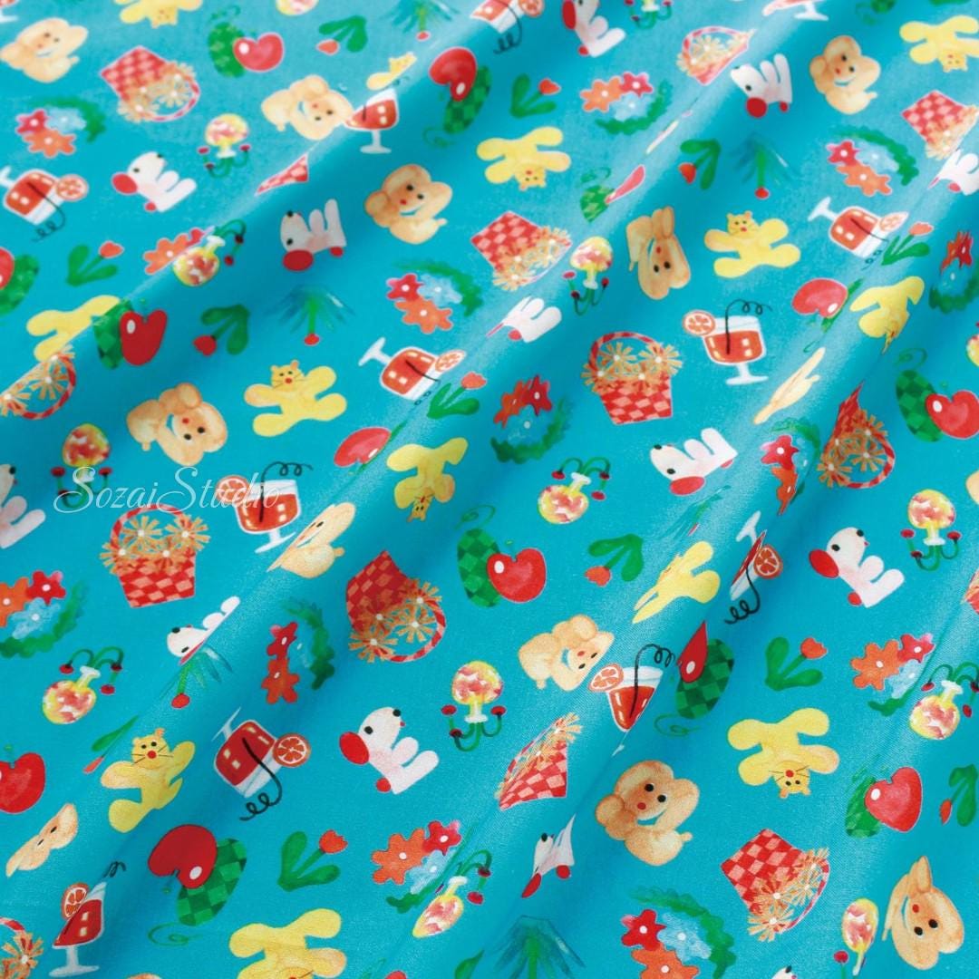 1 Yard Japanese fabric - Retro style Picnic dog, Blue - 100% Cotton Printed Sheeting