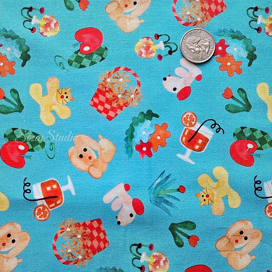 1 Yard Japanese fabric - Retro style Picnic dog, Blue - 100% Cotton Printed Sheeting