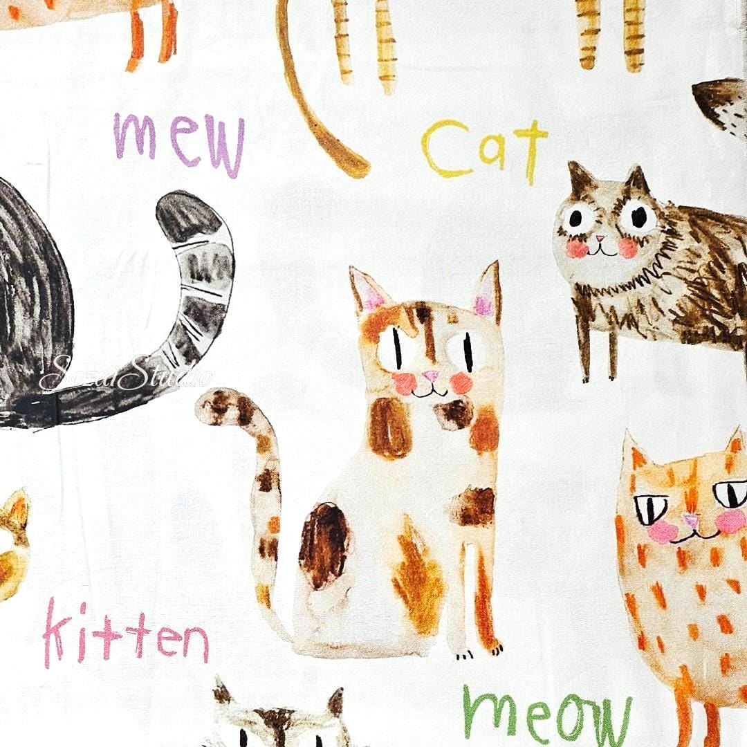 Japanese fabric - The Cat's Meow, White - 100% Cotton Square (Digital Print) - by the yard