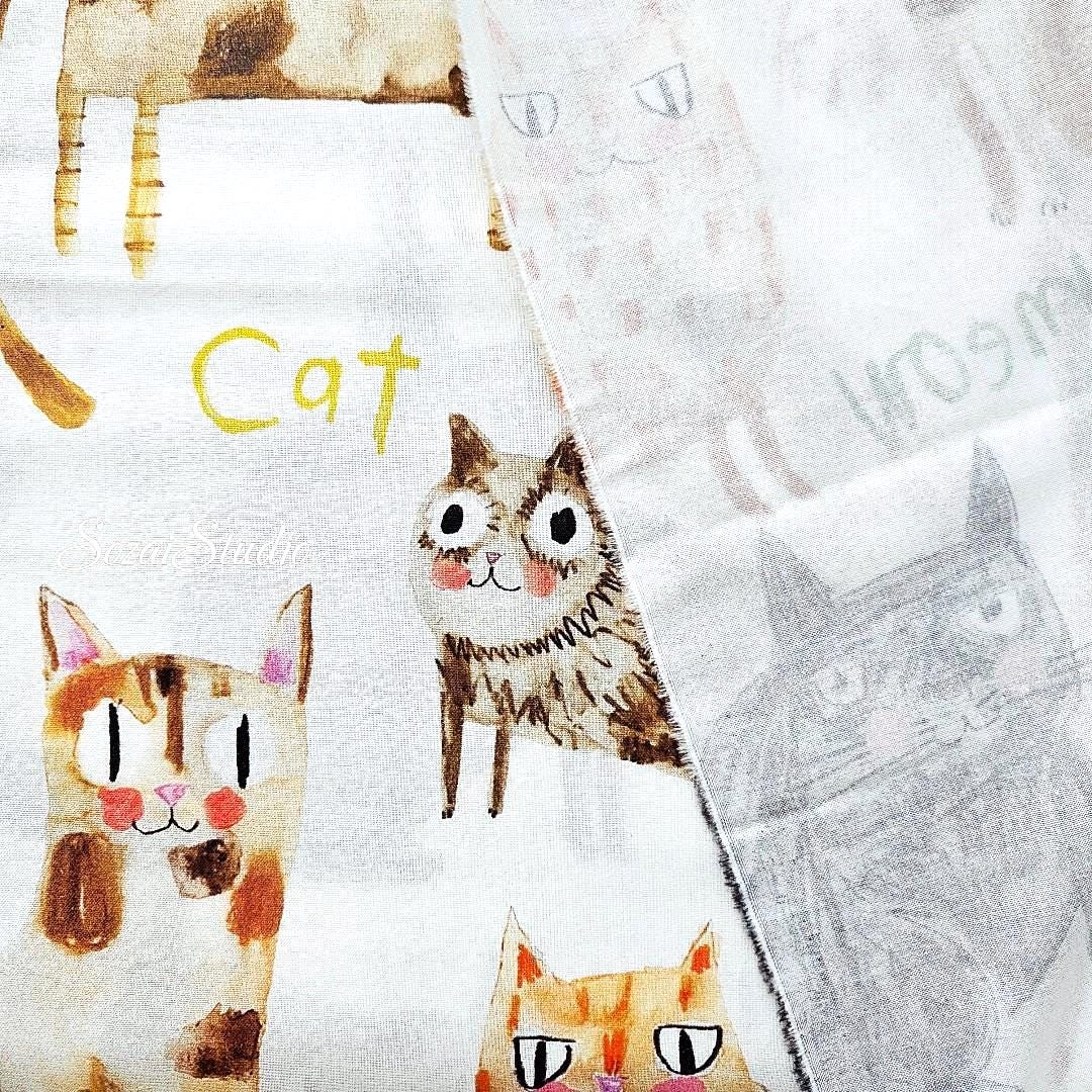 Japanese fabric - The Cat's Meow, White - 100% Cotton Square (Digital Print) - by the yard