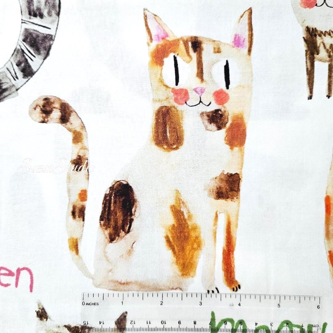 Japanese fabric - The Cat's Meow, White - 100% Cotton Square (Digital Print) - by the yard