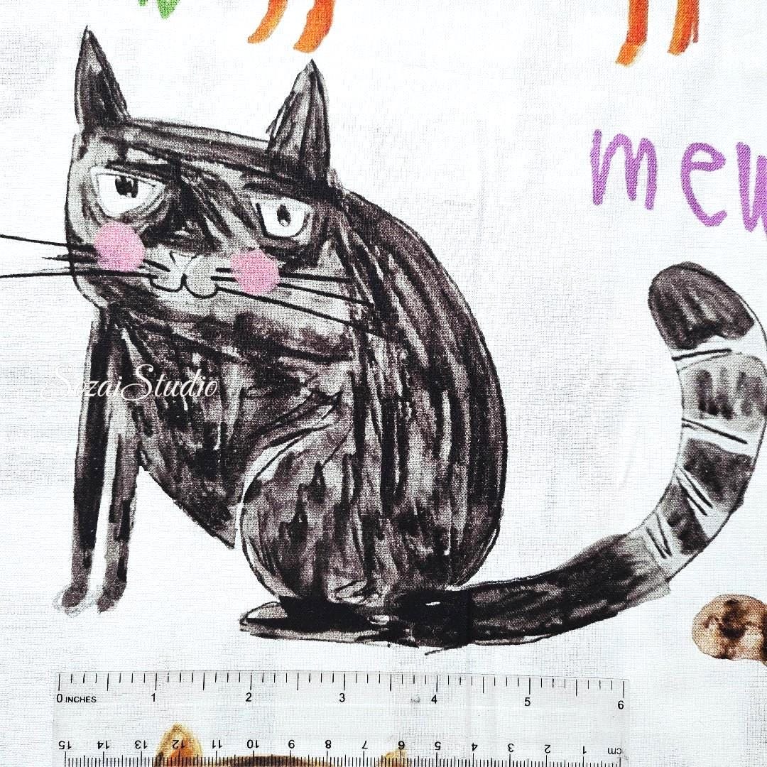 Japanese fabric - The Cat's Meow, White - 100% Cotton Square (Digital Print) - by the yard