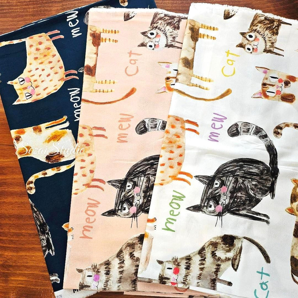 Japanese fabric - The Cat's Meow, White - 100% Cotton Square (Digital Print) - by the yard