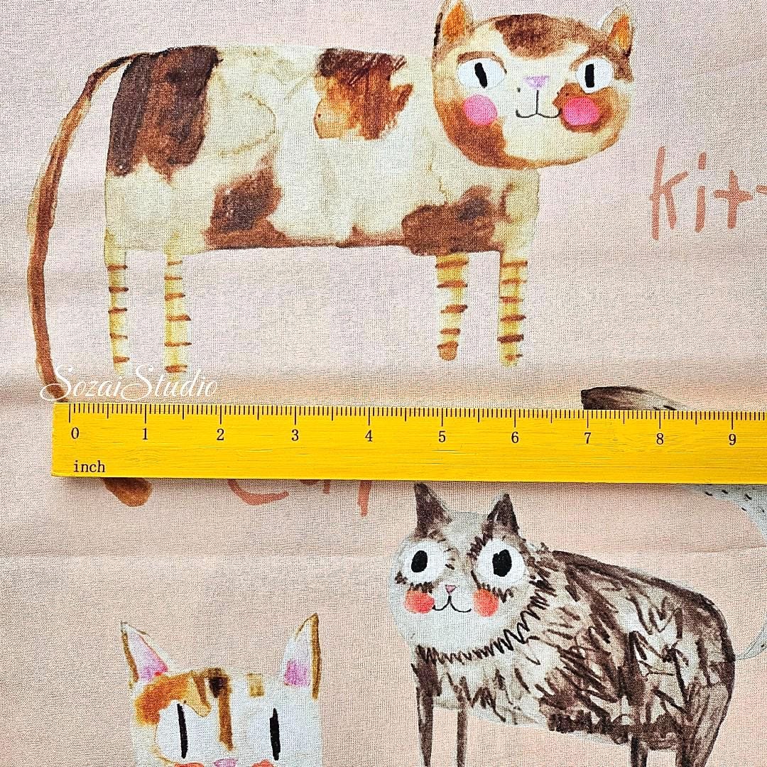 Japanese fabric - The Cat's Meow, Light Pink - 100% Cotton Square (Digital Print) - by the yard
