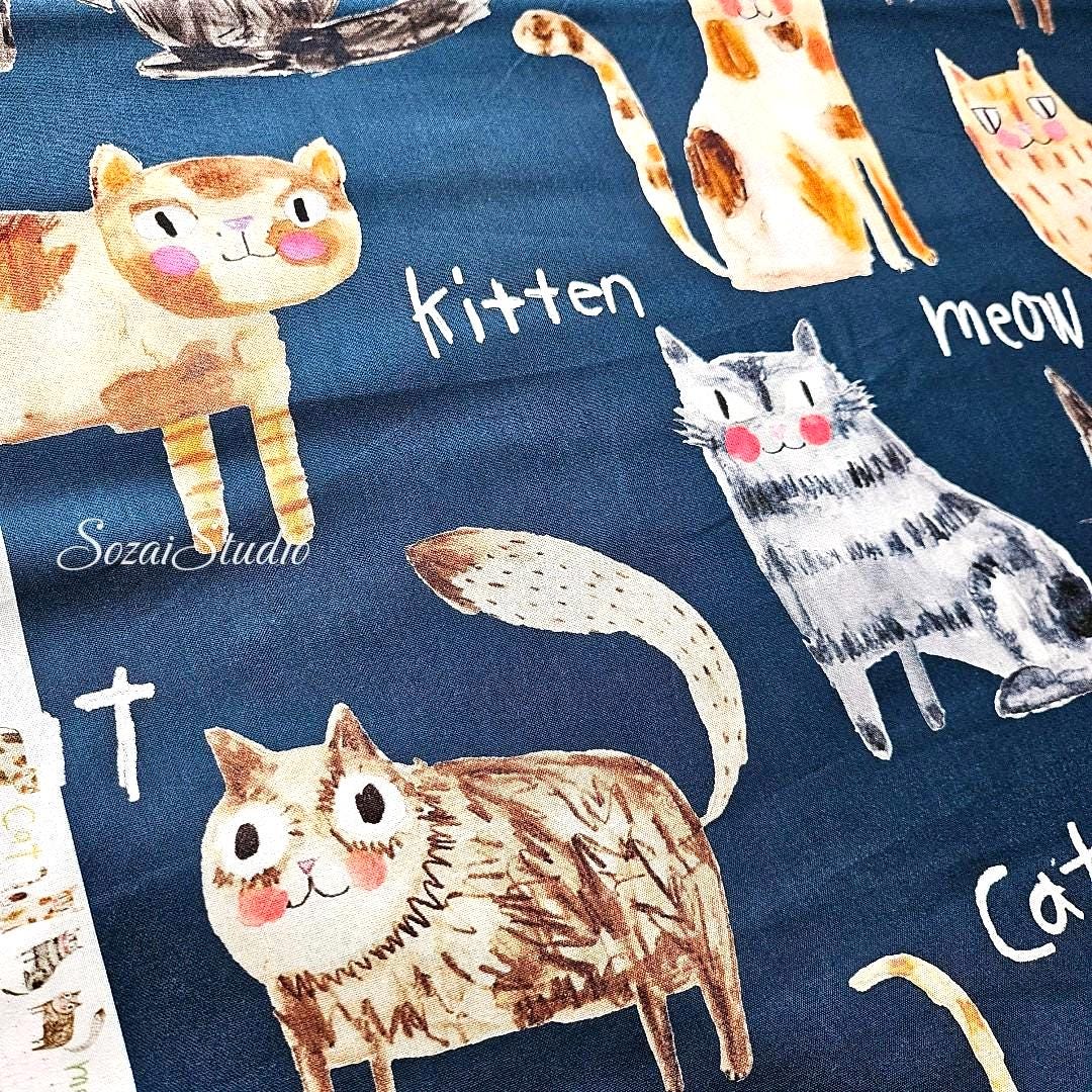 Japanese fabric - The Cat's Meow, Navy - 100% Cotton Square (Digital Print) - by the yard