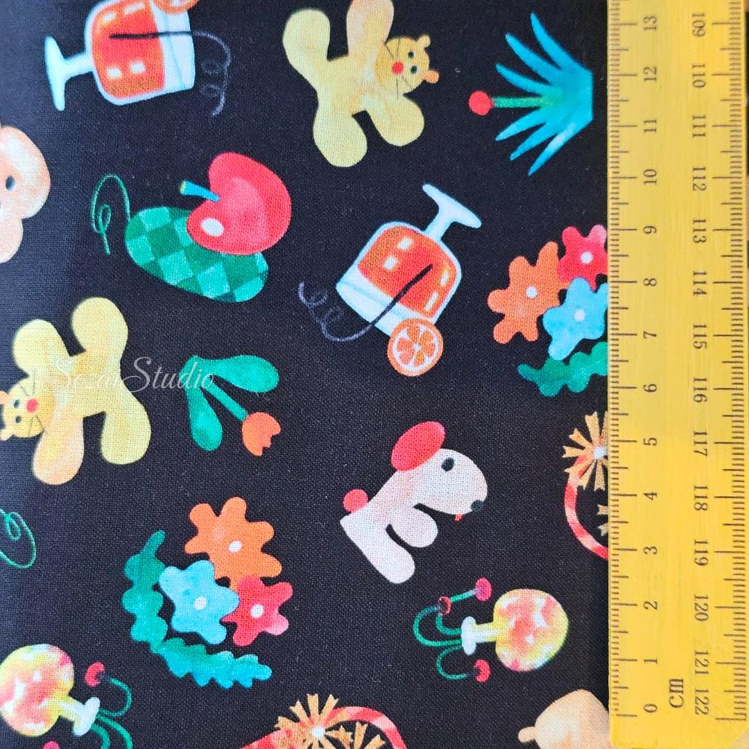 Japanese fabric - Retro style Picnic dog, Black - 100% Cotton Printed Sheeting, by the yard