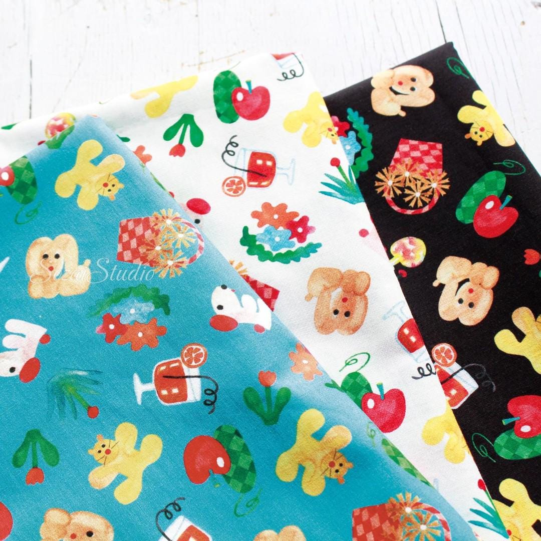 Japanese fabric - Retro style Picnic dog, Black - 100% Cotton Printed Sheeting, by the yard