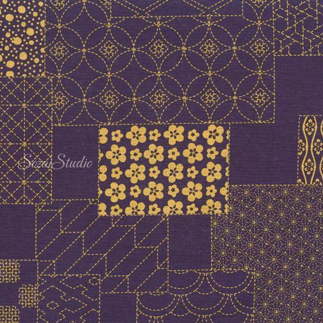 Japanese Takumi fabric, Sashiko Patterns, Blue - 100% cotton, by the yard