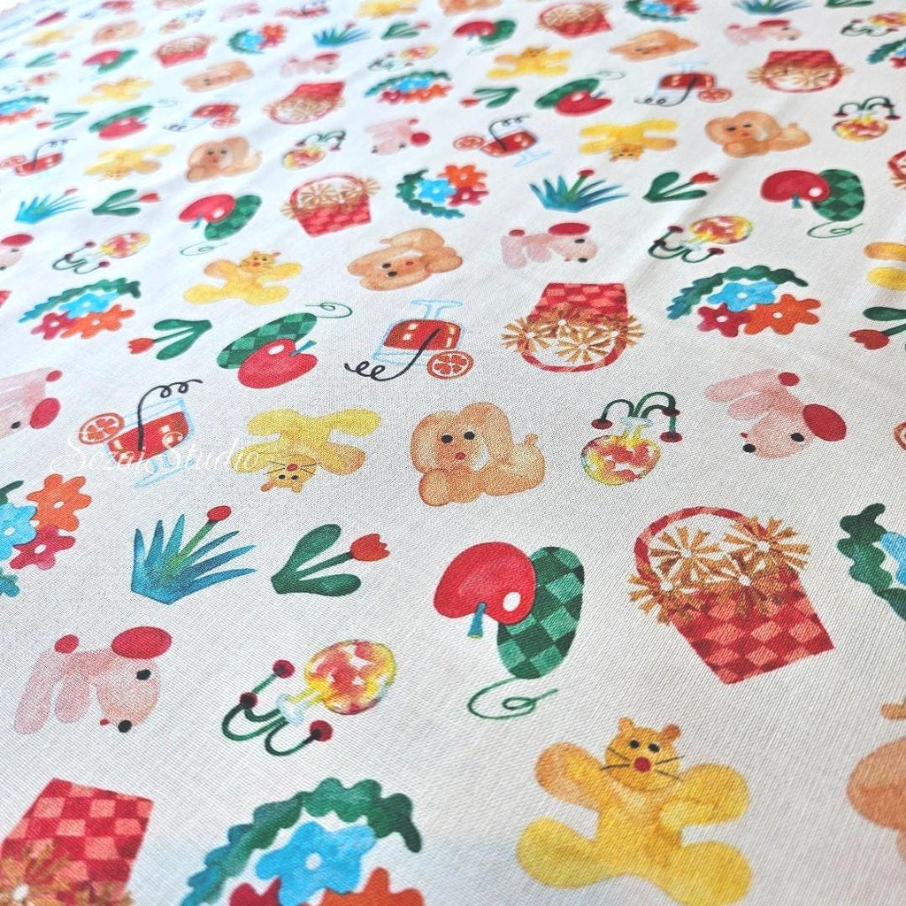 Japanese fabric - Retro style Picnic dog, White - 100% Cotton Printed Sheeting, by the yard