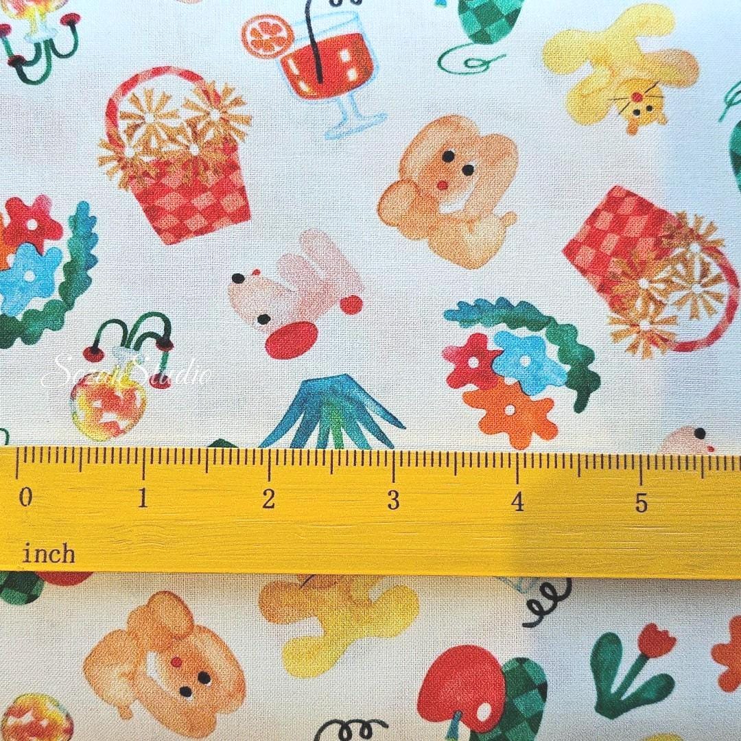 Japanese fabric - Retro style Picnic dog, White - 100% Cotton Printed Sheeting, by the yard