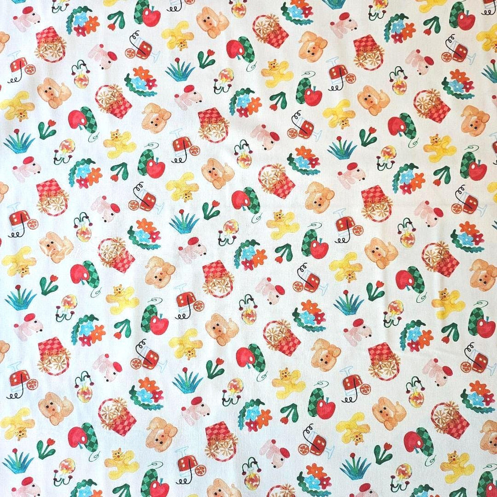 Japanese fabric - Retro style Picnic dog, White - 100% Cotton Printed Sheeting, by the yard