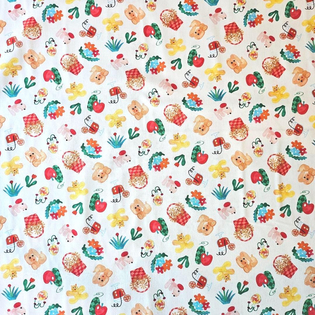 Japanese fabric - Retro style Picnic dog, White - 100% Cotton Printed Sheeting, by the yard