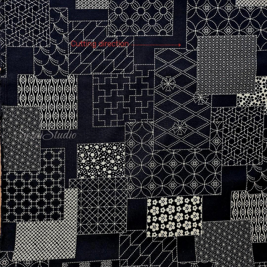 1 Yard Japanese Takumi fabric, Sashiko Patterns, Black - 100% cotton