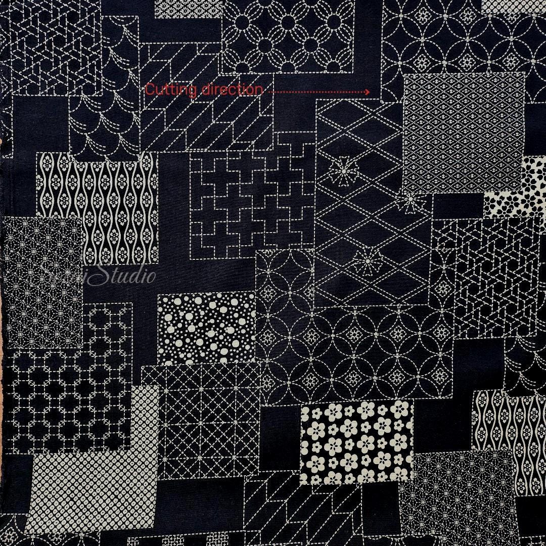 1 Yard Japanese Takumi fabric, Sashiko Patterns, Black - 100% cotton