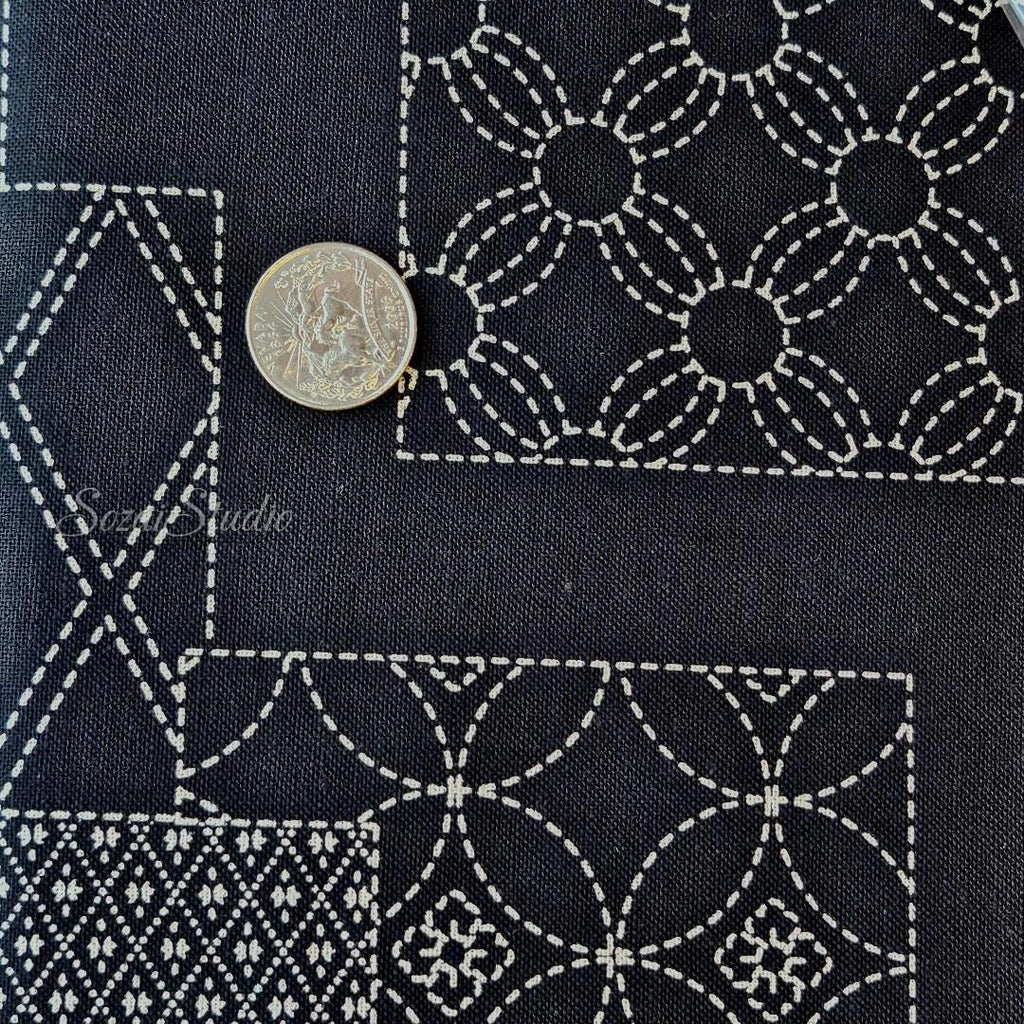 1 Yard Japanese Takumi fabric, Sashiko Patterns, Black - 100% cotton