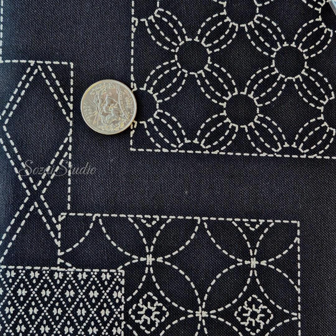 1 Yard Japanese Takumi fabric, Sashiko Patterns, Black - 100% cotton