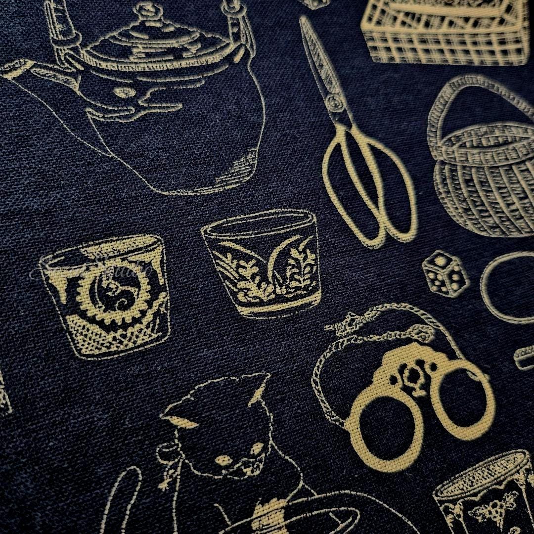 Japanese fabric - Traditional Household Items, Denim Blue - 100% Cotton Sheeting, by the yard