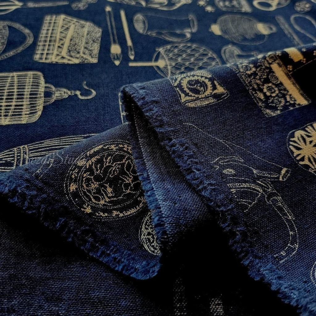 Japanese fabric - Traditional Household Items, Denim Blue - 100% Cotton Sheeting, by the yard