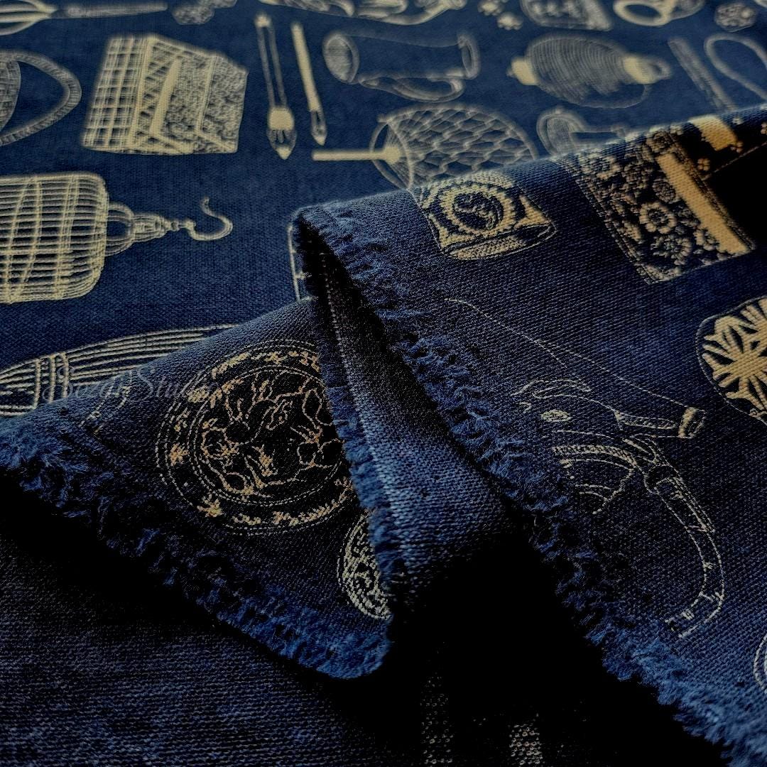 Japanese fabric - Traditional Household Items, Denim Blue - 100% Cotton Sheeting, by the yard
