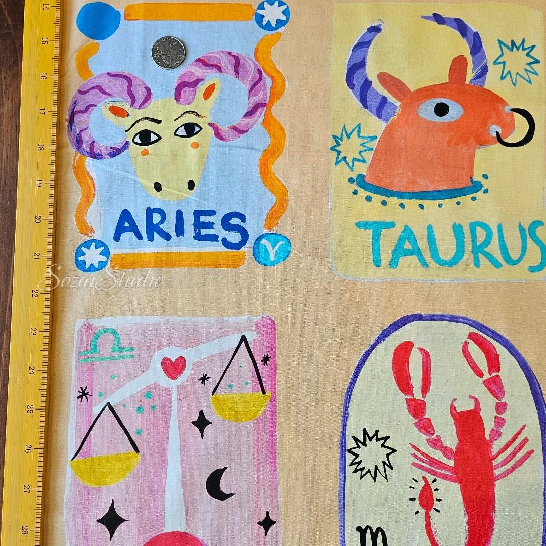 Japanese Zodiac Cotton Digital Print Fabric: Orange, by the yard